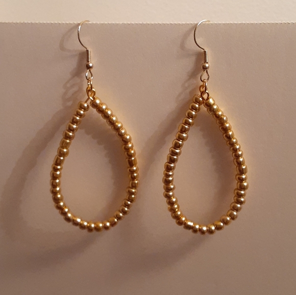 Seed bead teardrop hoop dangle earrings Gold color 3 inch Handmade - Picture 9 of 9